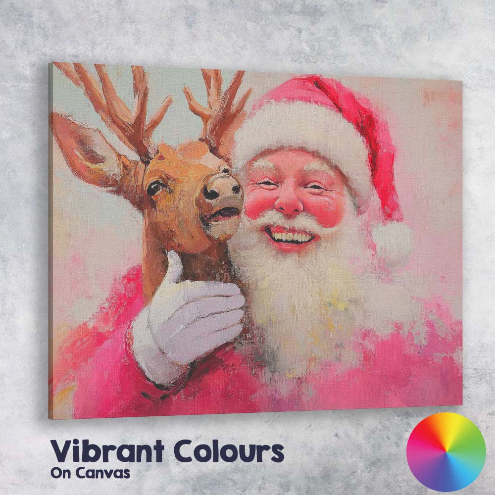 Festive Santa Claus With Reindeer Portrait Painterly Christmas Illustration Canvas Wall Art Print Decor Picture Ready to Hang