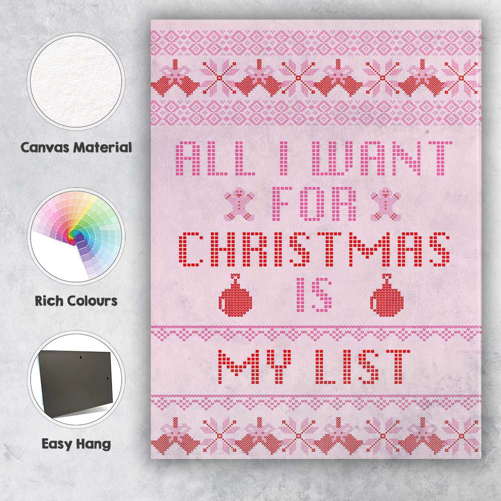 Funny Christmas Cross Stitch Quote All I Want For Christmas Is My List Typography Canvas Wall Art Print Decor Picture Ready to Hang