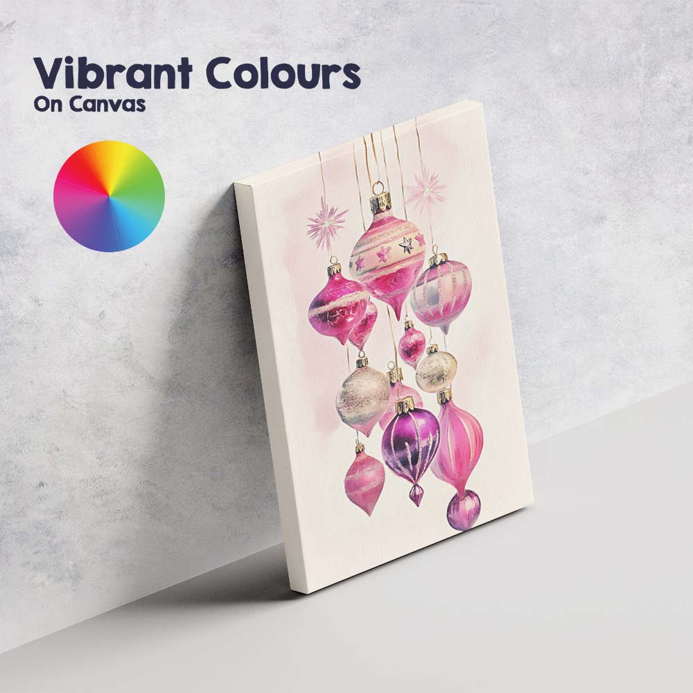 Elegant Pink Glass Christmas Baubles Hanging Watercolour Illustration Canvas Wall Art Print Decor Picture Ready to Hang