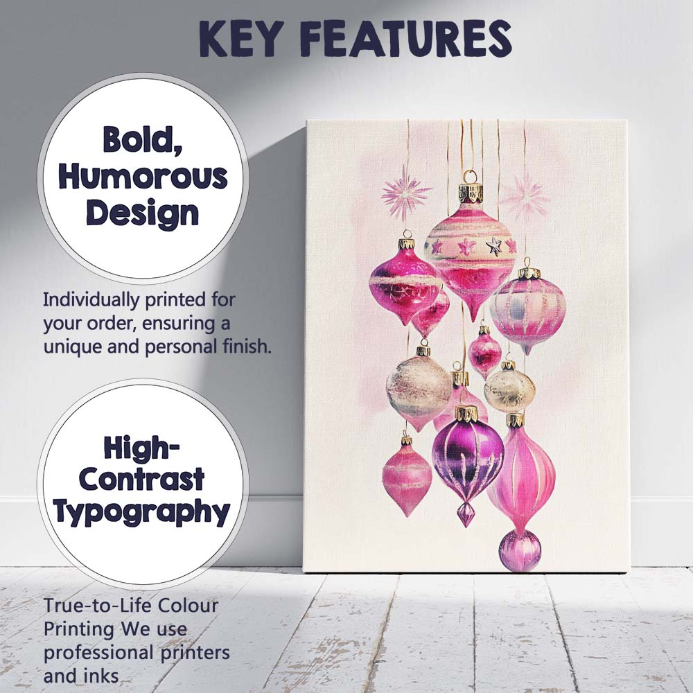 Elegant Pink Glass Christmas Baubles Hanging Watercolour Illustration Canvas Wall Art Print Decor Picture Ready to Hang