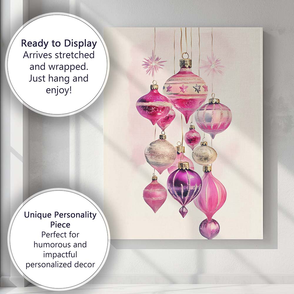 Elegant Pink Glass Christmas Baubles Hanging Watercolour Illustration Canvas Wall Art Print Decor Picture Ready to Hang