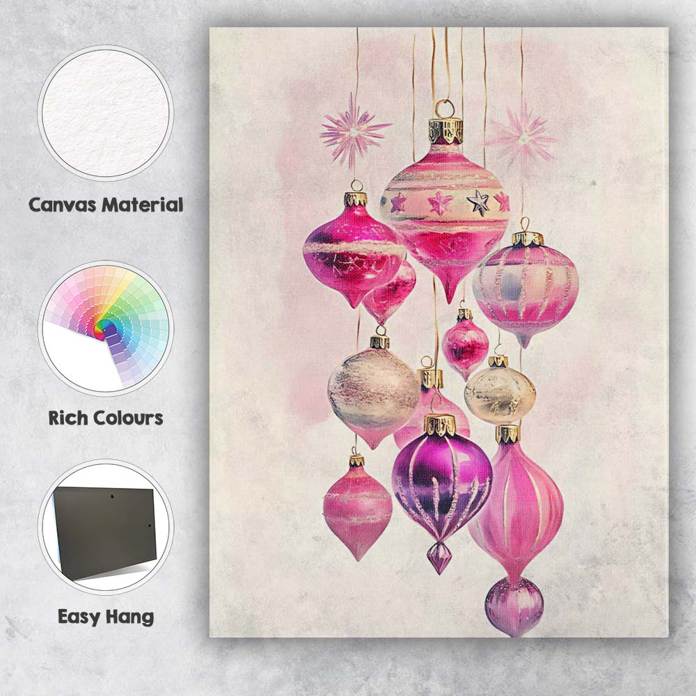 Elegant Pink Glass Christmas Baubles Hanging Watercolour Illustration Canvas Wall Art Print Decor Picture Ready to Hang