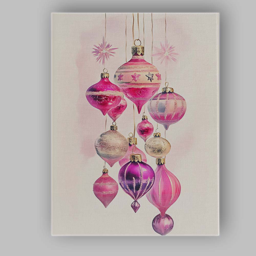 Elegant Pink Glass Christmas Baubles Hanging Watercolour Illustration Canvas Wall Art Print Decor Picture Ready to Hang