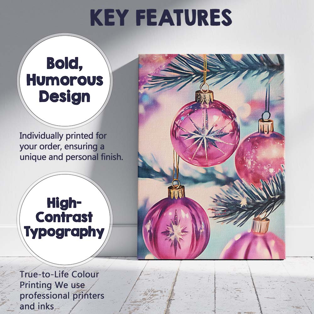 Luxury Pink Christmas Tree Baubles Festive Holiday Close Up Canvas Wall Art Print Decor Picture Ready to Hang