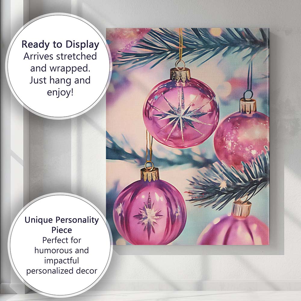 Luxury Pink Christmas Tree Baubles Festive Holiday Close Up Canvas Wall Art Print Decor Picture Ready to Hang