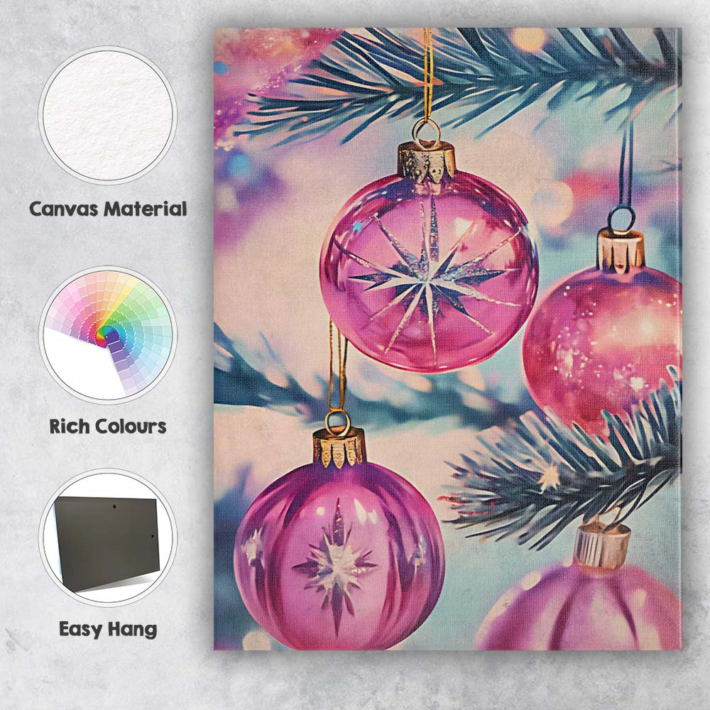 Luxury Pink Christmas Tree Baubles Festive Holiday Close Up Canvas Wall Art Print Decor Picture Ready to Hang
