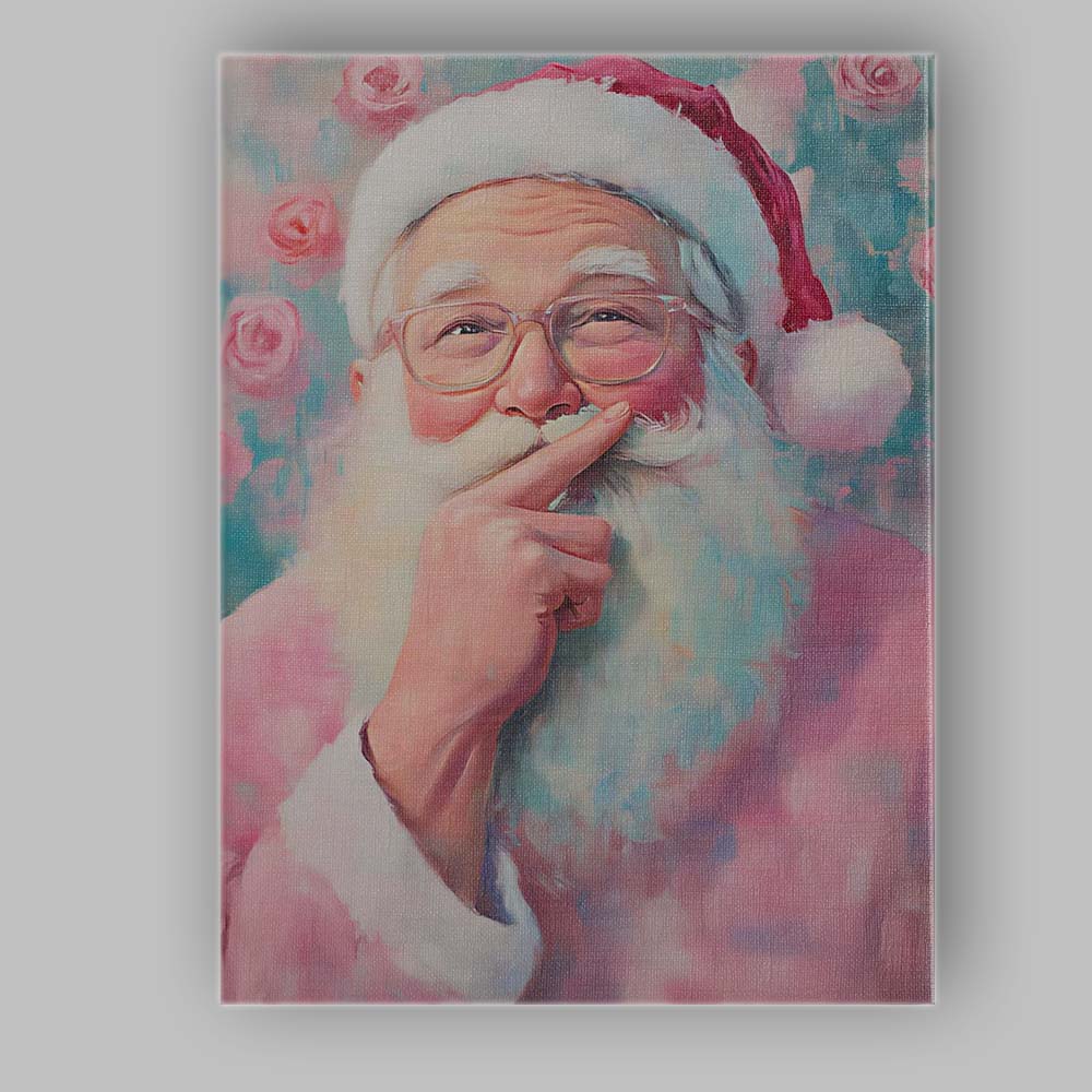 Whimsical Santa Claus Portrait With Glasses Pink Festive Painting Canvas Wall Art Print Decor Picture Ready to Hang