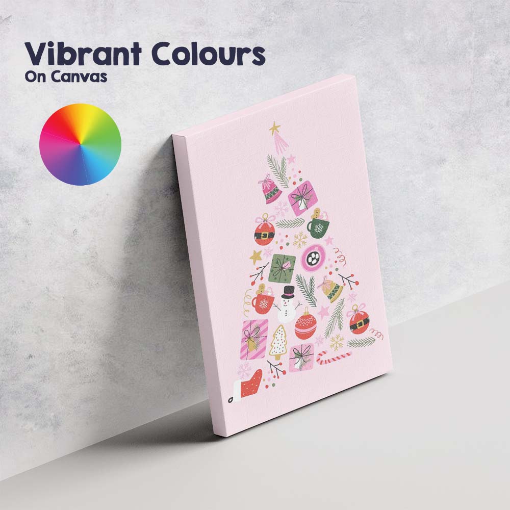 Minimalist Pink Christmas Tree Festive Icons Illustration Canvas Wall Art Print Decor Picture Ready to Hang