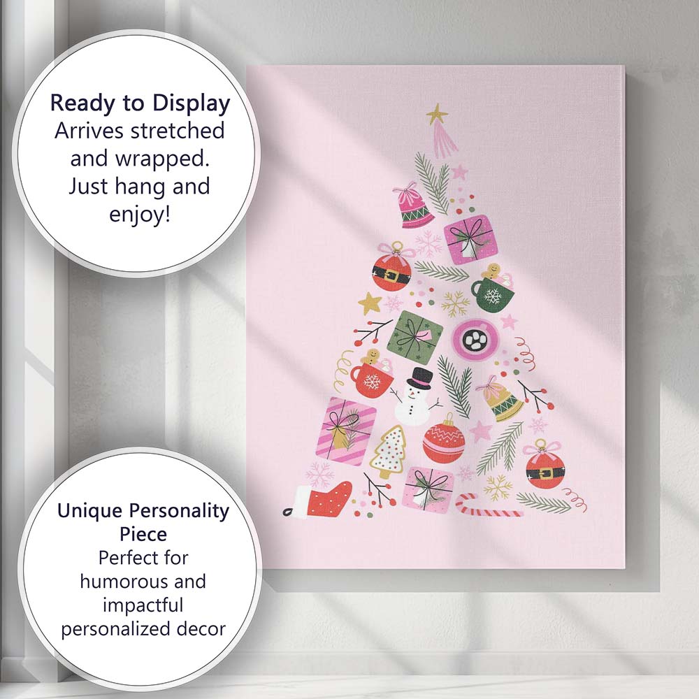 Minimalist Pink Christmas Tree Festive Icons Illustration Canvas Wall Art Print Decor Picture Ready to Hang