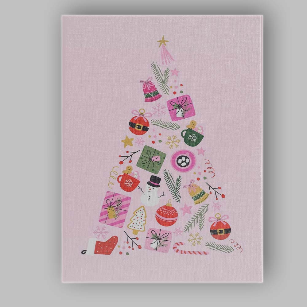 Minimalist Pink Christmas Tree Festive Icons Illustration Canvas Wall Art Print Decor Picture Ready to Hang
