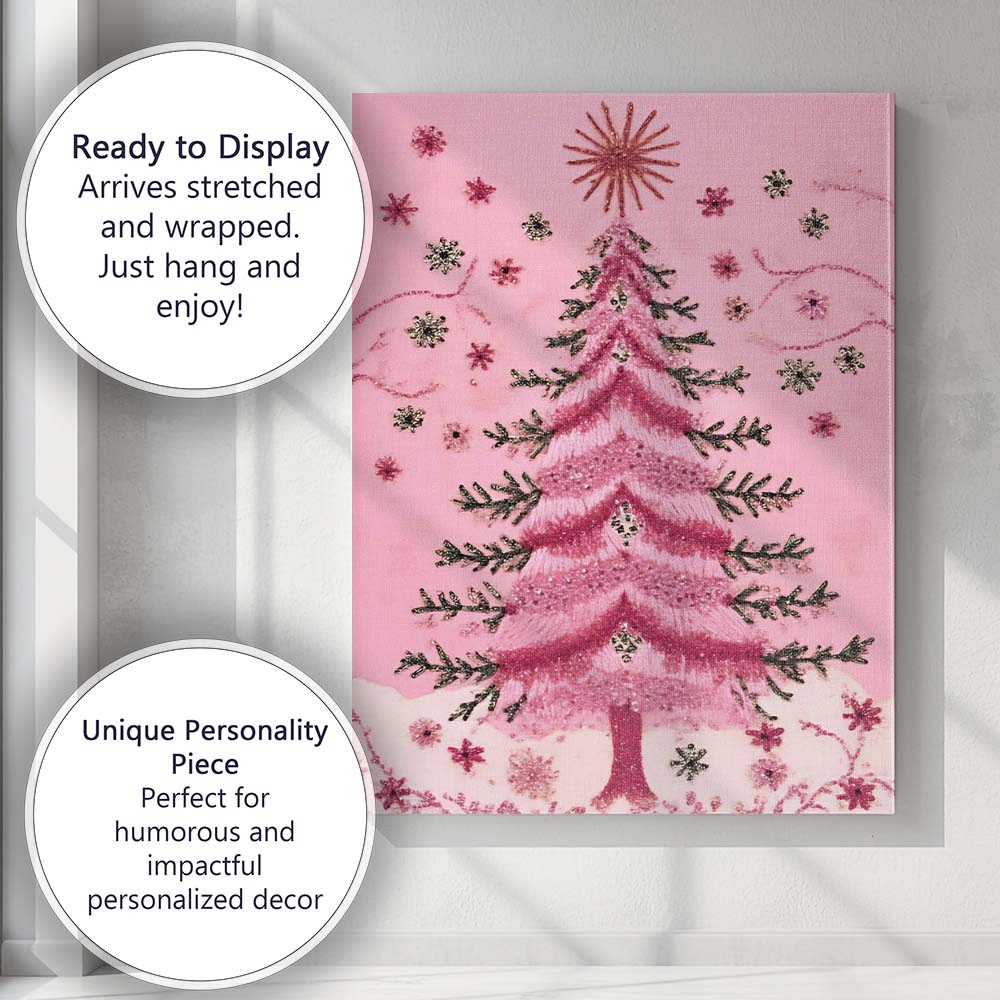 Glitter Pink Christmas Tree Sparkling Snowflake Festive Artwork Canvas Wall Art Print Decor Picture Ready to Hang