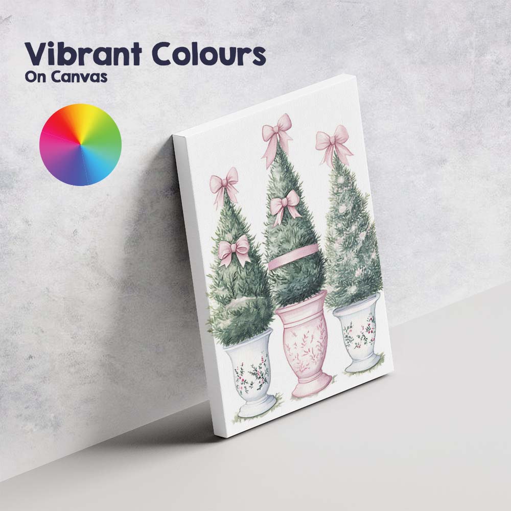 Watercolour Christmas Topiary Trees With Pink Bows Canvas Wall Art Print Decor Picture Ready to Hang