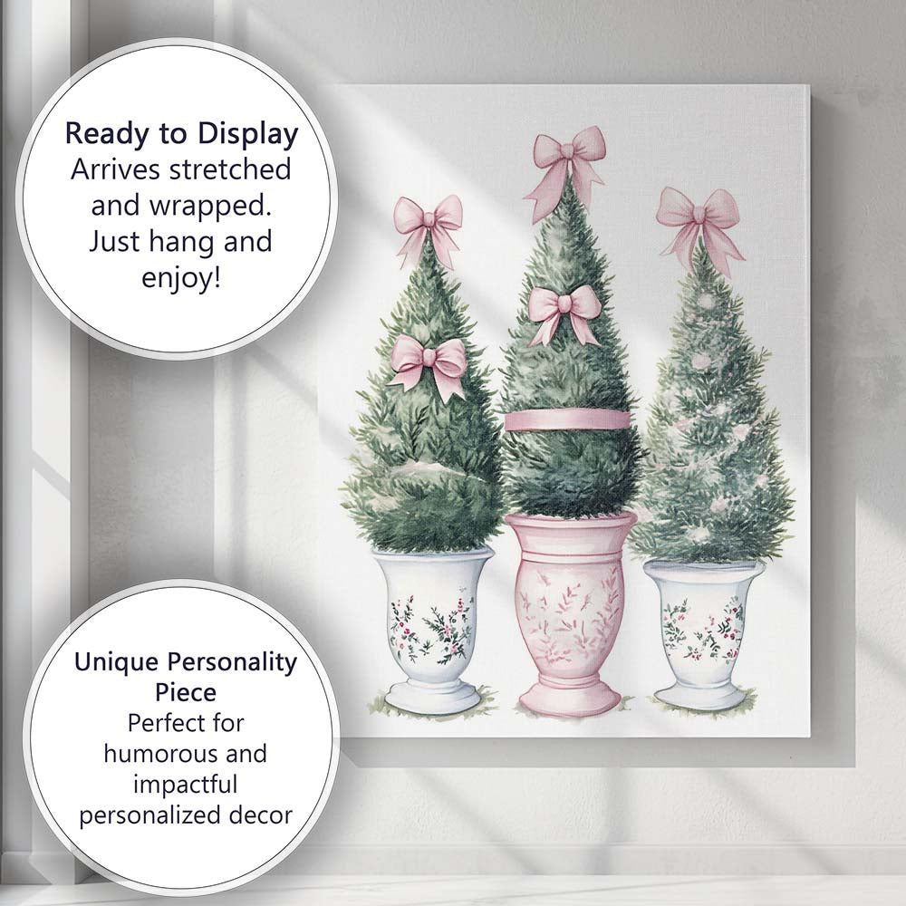 Watercolour Christmas Topiary Trees With Pink Bows Canvas Wall Art Print Decor Picture Ready to Hang