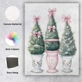 Watercolour Christmas Topiary Trees With Pink Bows Canvas Wall Art Print Decor Picture Ready to Hang