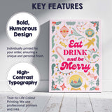Retro Eat Drink And Be Merry Christmas Typography Canvas Wall Art Print Decor Picture Ready to Hang