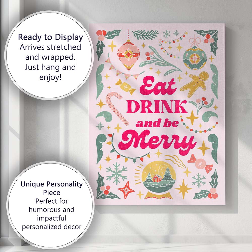 Retro Eat Drink And Be Merry Christmas Typography Canvas Wall Art Print Decor Picture Ready to Hang