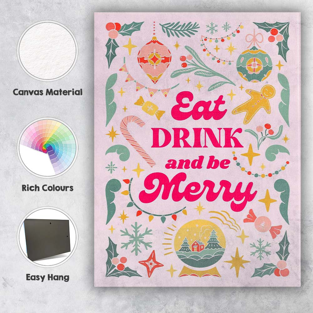 Retro Eat Drink And Be Merry Christmas Typography Canvas Wall Art Print Decor Picture Ready to Hang