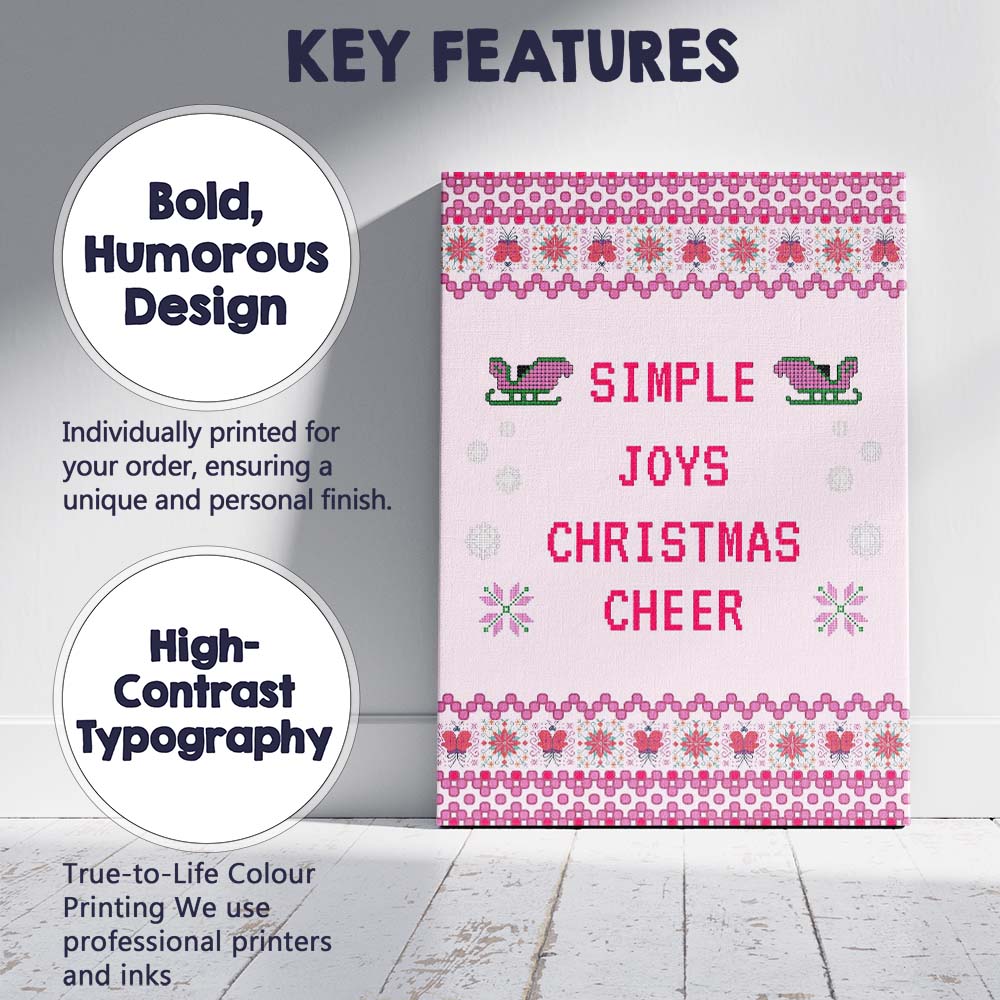 Pink Nordic Christmas Cheer Cross Stitch Typography Pattern Canvas Wall Art Print Decor Picture Ready to Hang