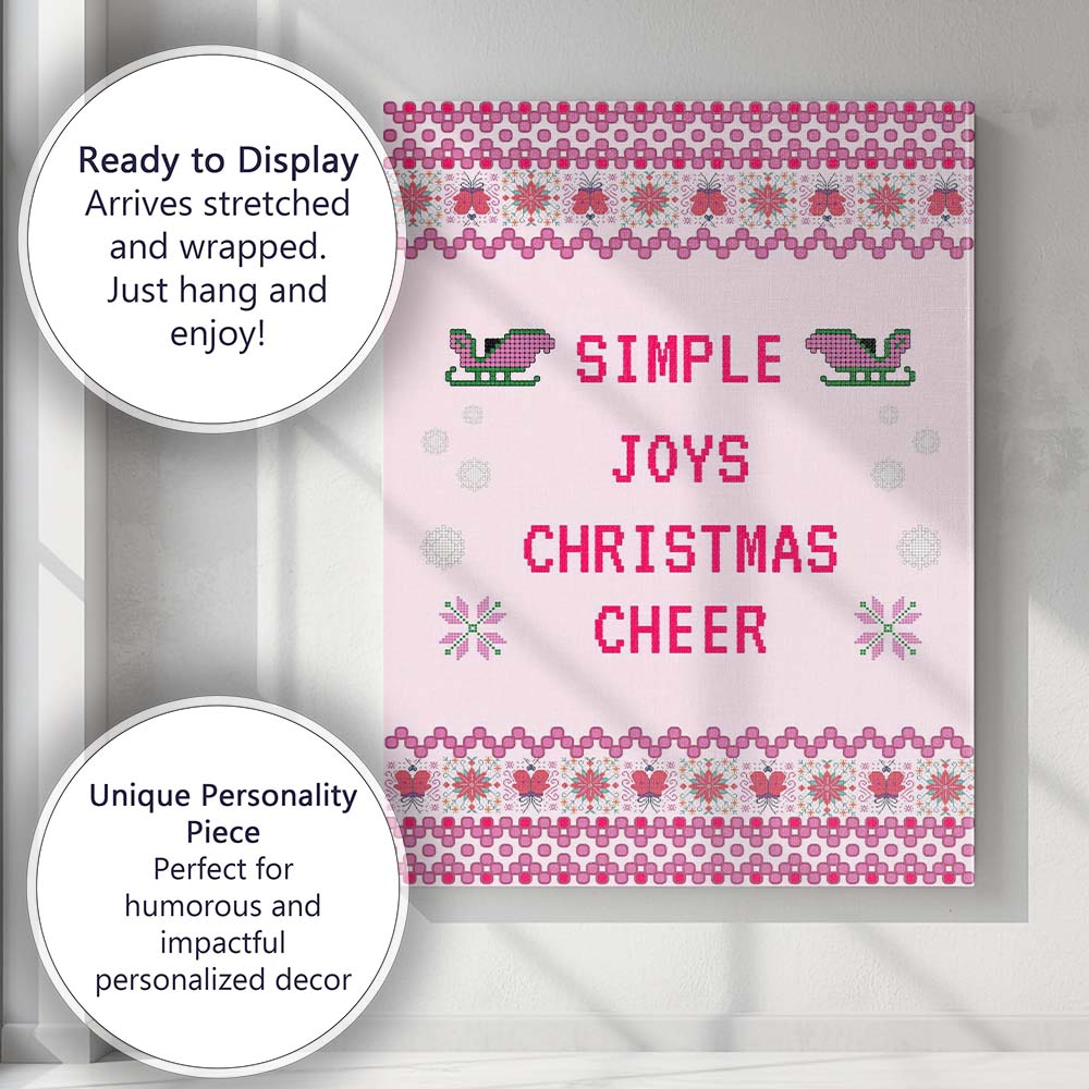 Pink Nordic Christmas Cheer Cross Stitch Typography Pattern Canvas Wall Art Print Decor Picture Ready to Hang