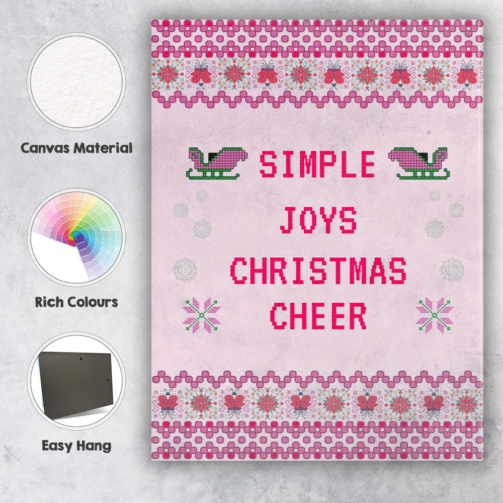 Pink Nordic Christmas Cheer Cross Stitch Typography Pattern Canvas Wall Art Print Decor Picture Ready to Hang