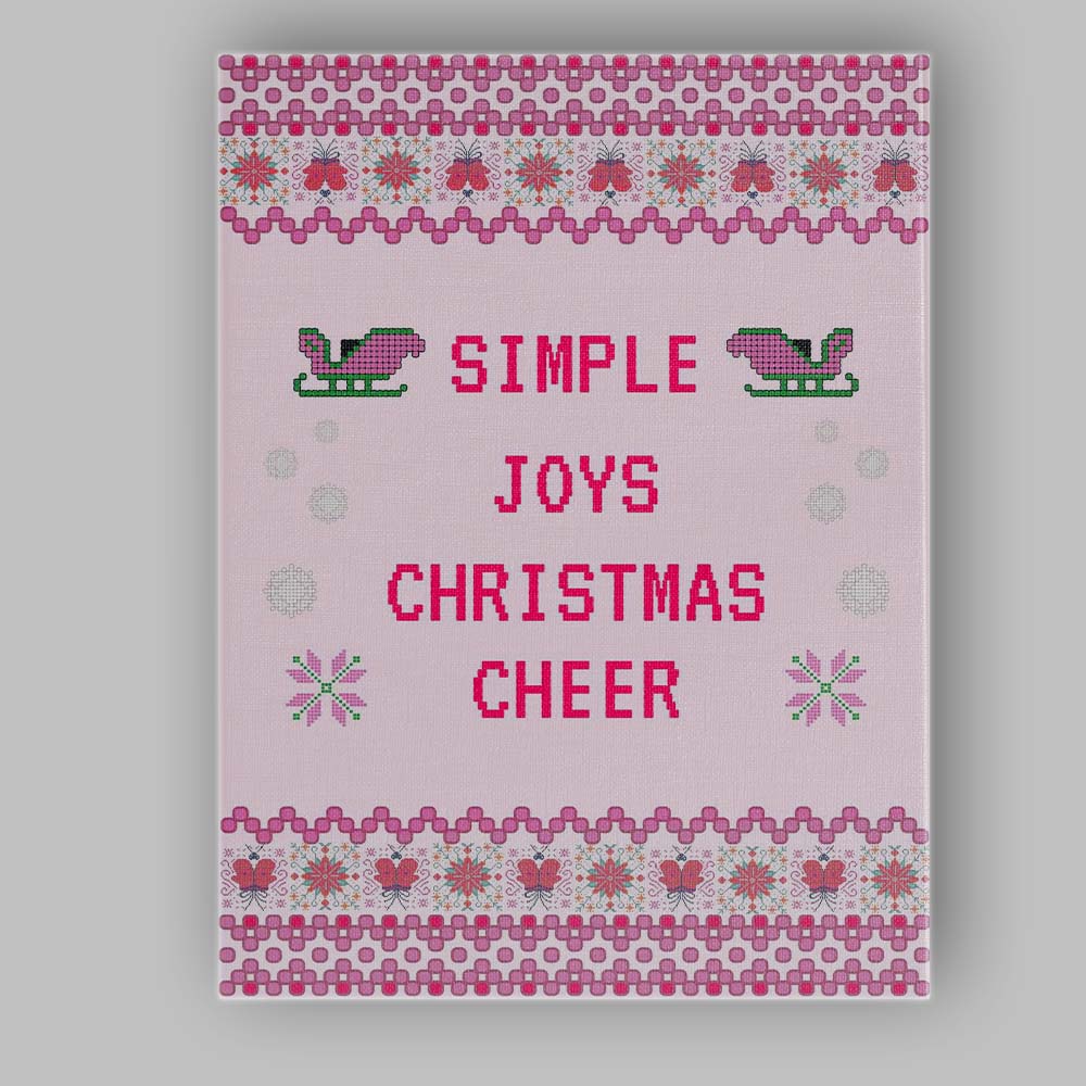 Pink Nordic Christmas Cheer Cross Stitch Typography Pattern Canvas Wall Art Print Decor Picture Ready to Hang