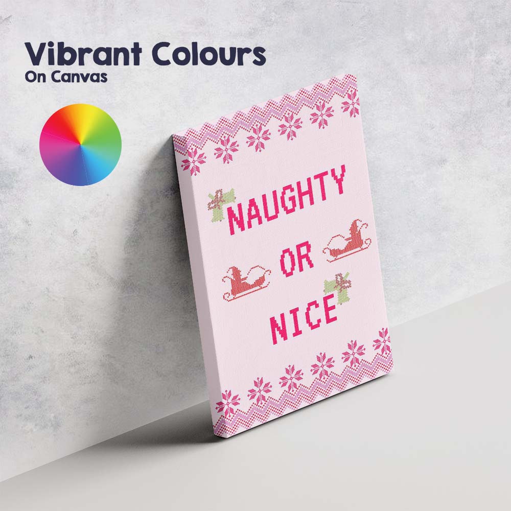 Pink Nordic Naughty Or Nice Christmas Typography Knitted Pattern Canvas Wall Art Print Decor Picture Ready to Hang