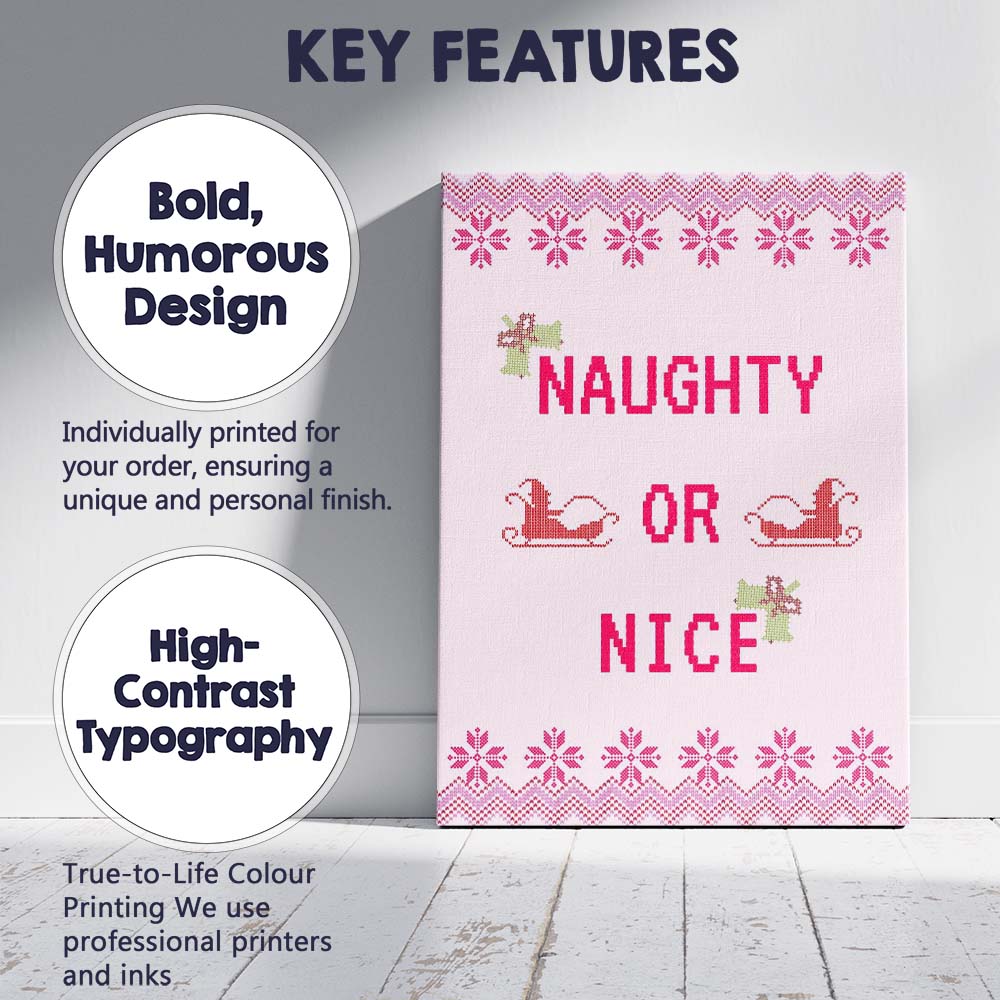 Pink Nordic Naughty Or Nice Christmas Typography Knitted Pattern Canvas Wall Art Print Decor Picture Ready to Hang