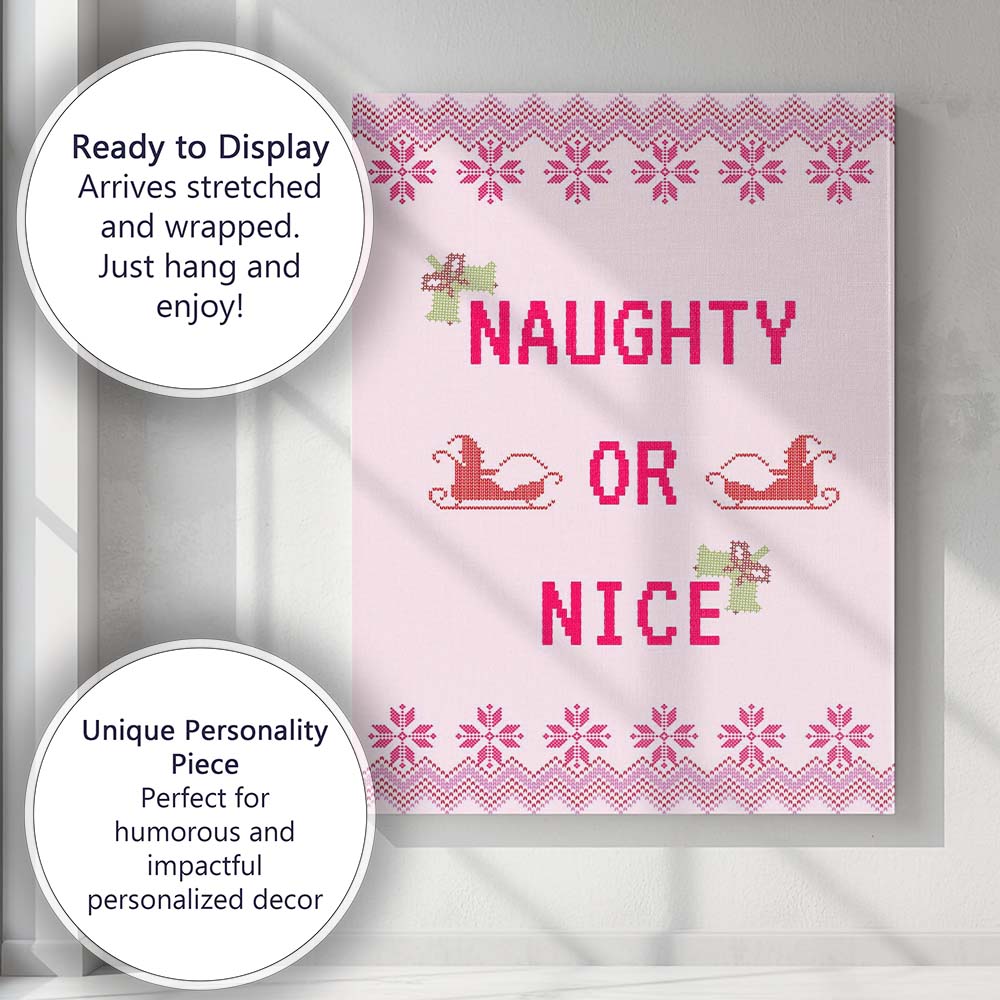 Pink Nordic Naughty Or Nice Christmas Typography Knitted Pattern Canvas Wall Art Print Decor Picture Ready to Hang