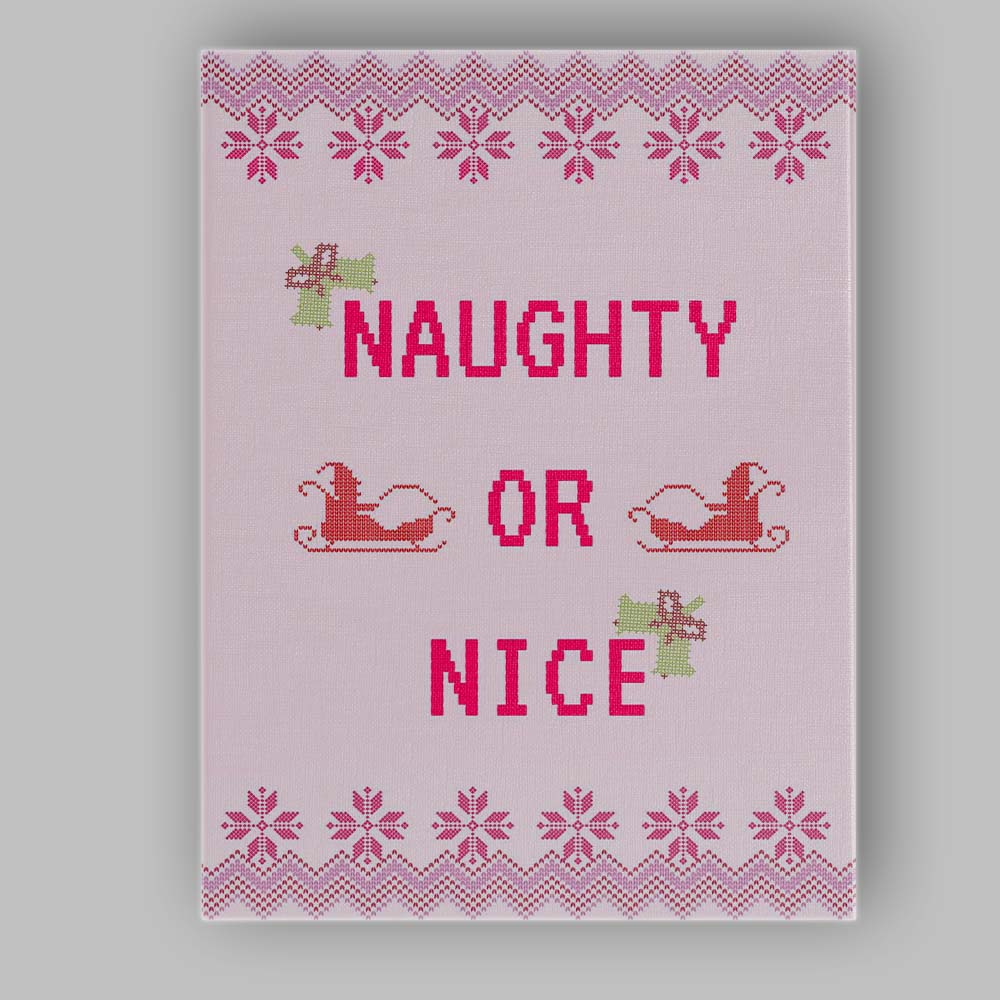 Pink Nordic Naughty Or Nice Christmas Typography Knitted Pattern Canvas Wall Art Print Decor Picture Ready to Hang