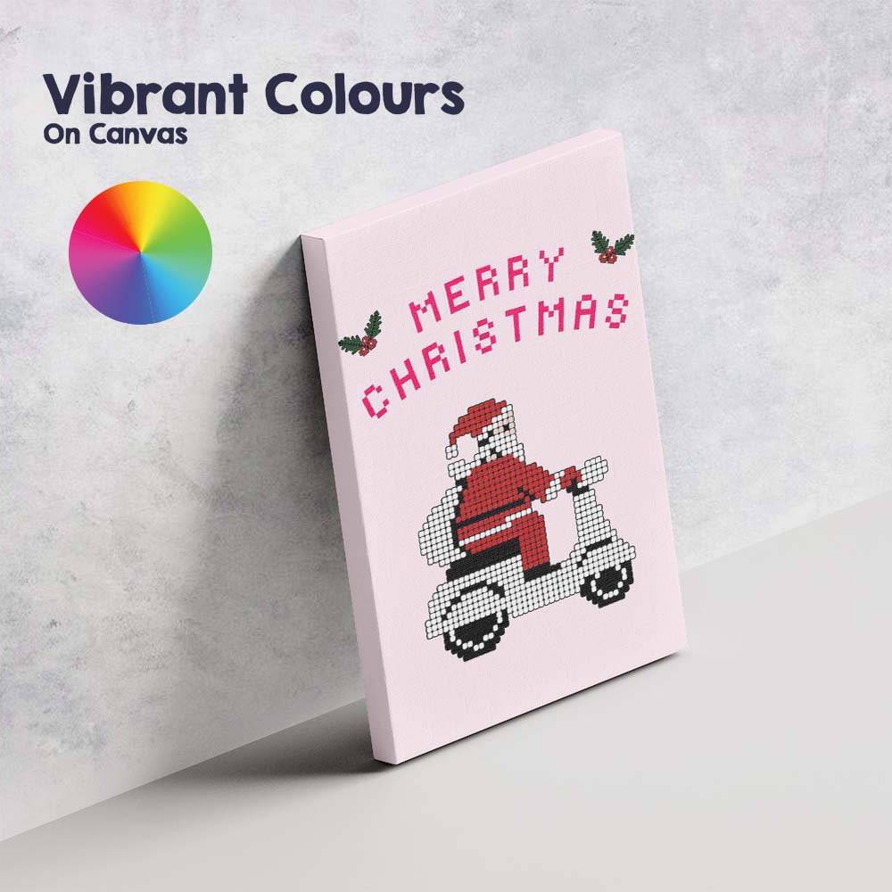 Retro Pixel Santa Riding Scooter Merry Christmas Canvas Wall Art Print Decor Picture Ready to Hang