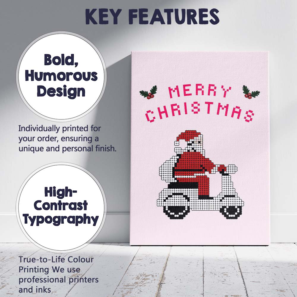 Retro Pixel Santa Riding Scooter Merry Christmas Canvas Wall Art Print Decor Picture Ready to Hang