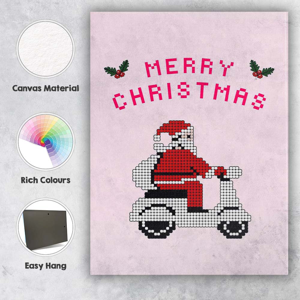 Retro Pixel Santa Riding Scooter Merry Christmas Canvas Wall Art Print Decor Picture Ready to Hang