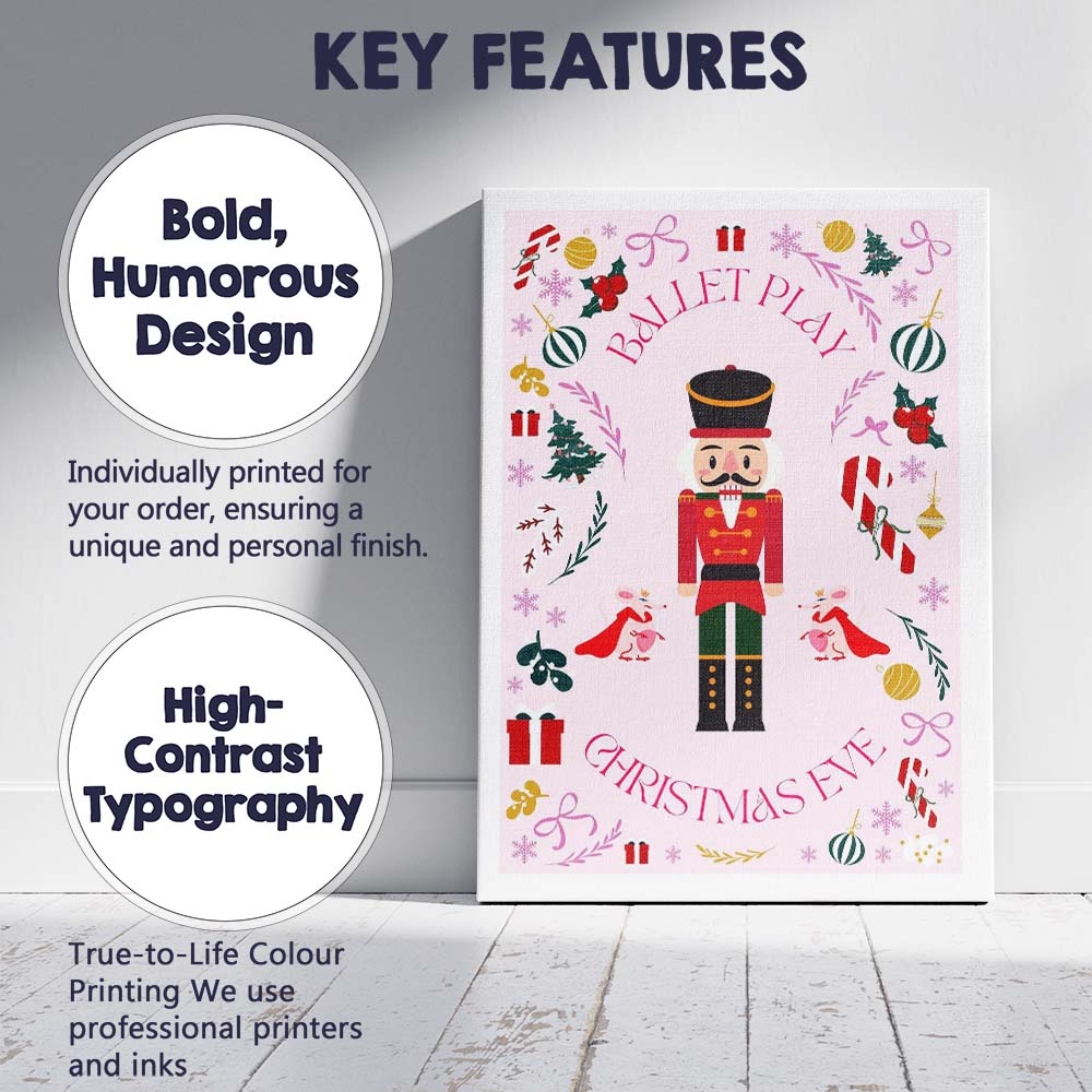 Pink Nutcracker Ballet Christmas Eve Festive Illustration Canvas Wall Art Print Decor Picture Ready to Hang