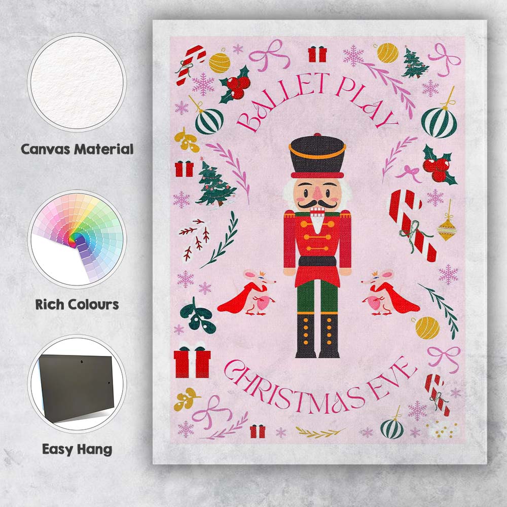 Pink Nutcracker Ballet Christmas Eve Festive Illustration Canvas Wall Art Print Decor Picture Ready to Hang