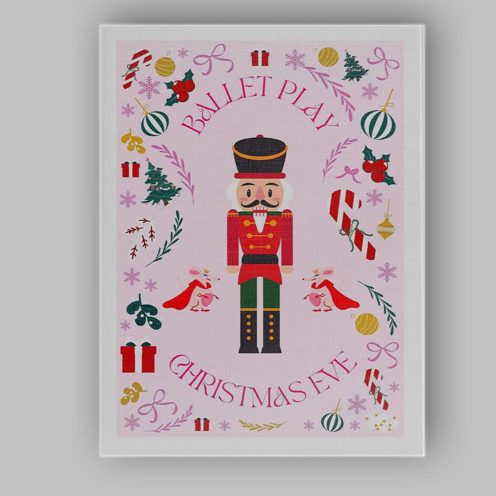 Pink Nutcracker Ballet Christmas Eve Festive Illustration Canvas Wall Art Print Decor Picture Ready to Hang