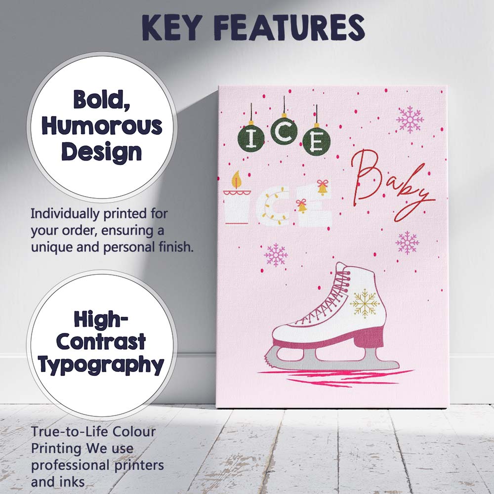 Pink Ice Baby Christmas Ice Skating Typography Illustration Canvas Wall Art Print Decor Picture Ready to Hang