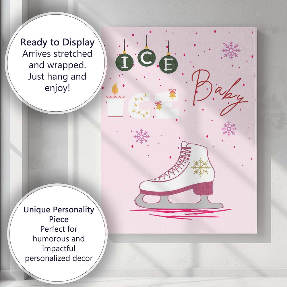 Pink Ice Baby Christmas Ice Skating Typography Illustration Canvas Wall Art Print Decor Picture Ready to Hang