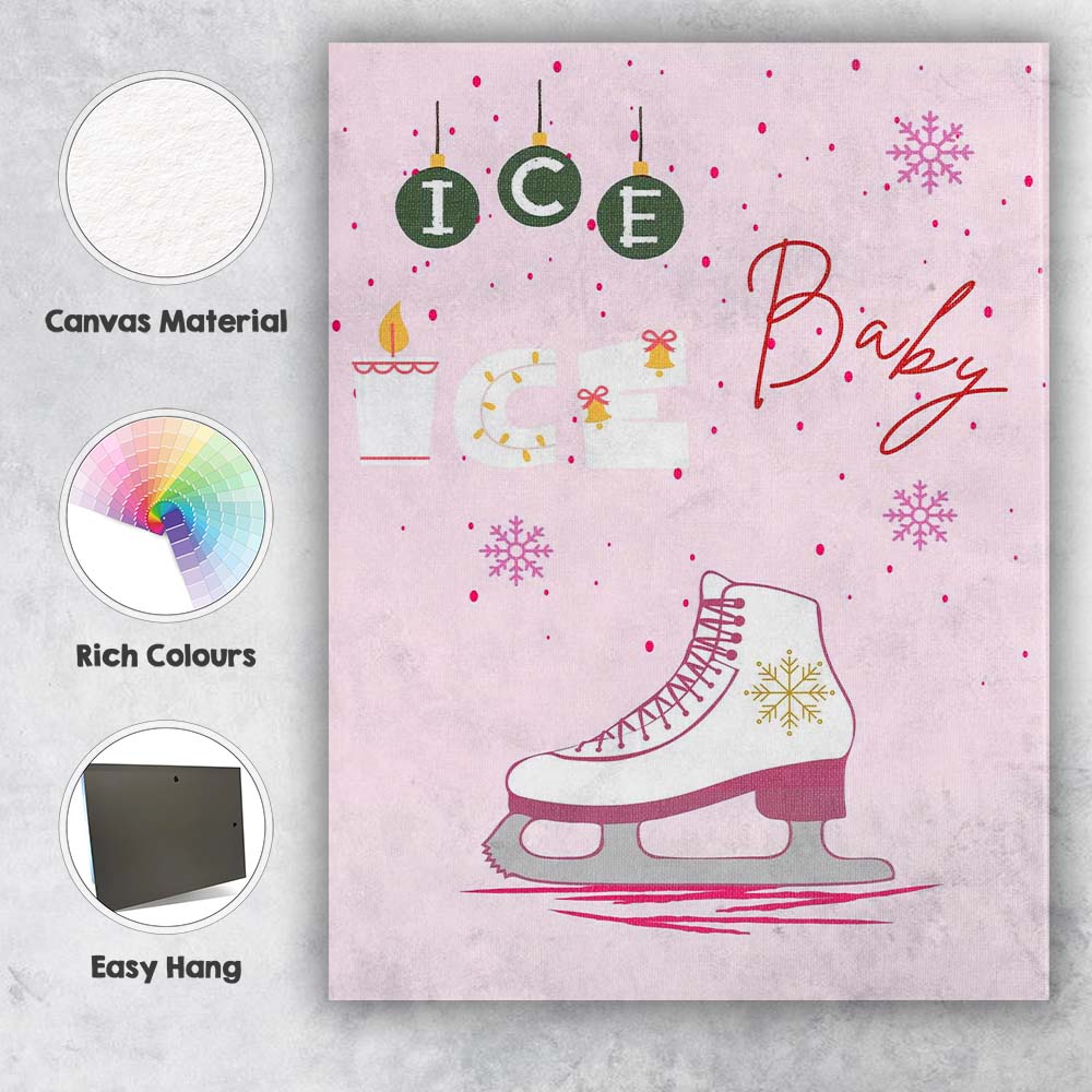 Pink Ice Baby Christmas Ice Skating Typography Illustration Canvas Wall Art Print Decor Picture Ready to Hang