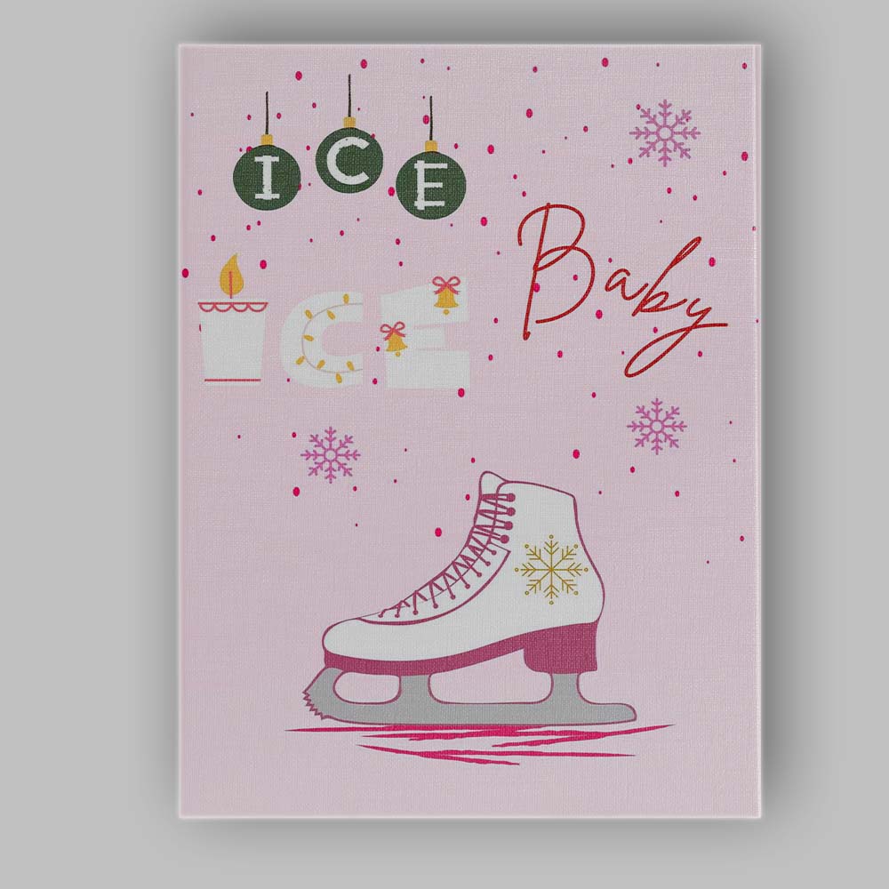 Pink Ice Baby Christmas Ice Skating Typography Illustration Canvas Wall Art Print Decor Picture Ready to Hang