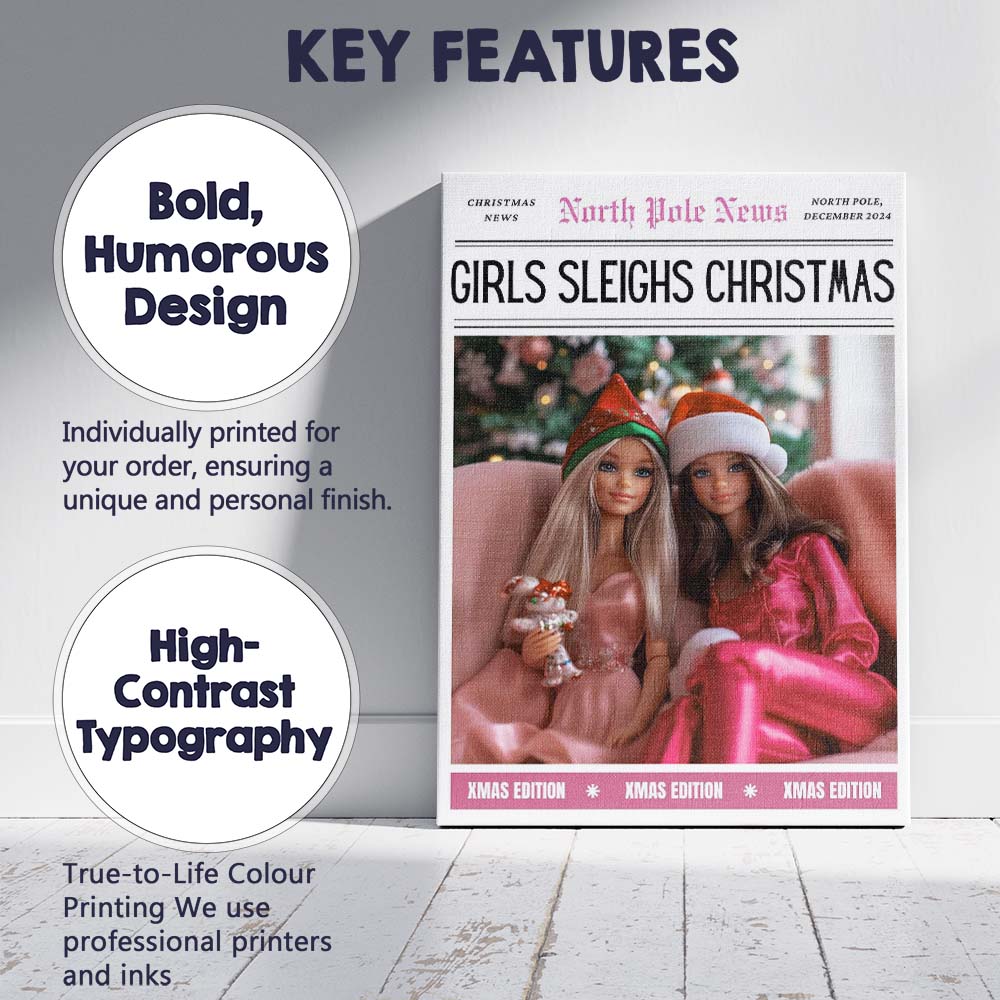 North Pole News Girls Sleighs Christmas Fashion Doll Cover Canvas Wall Art Print Decor Picture Ready to Hang