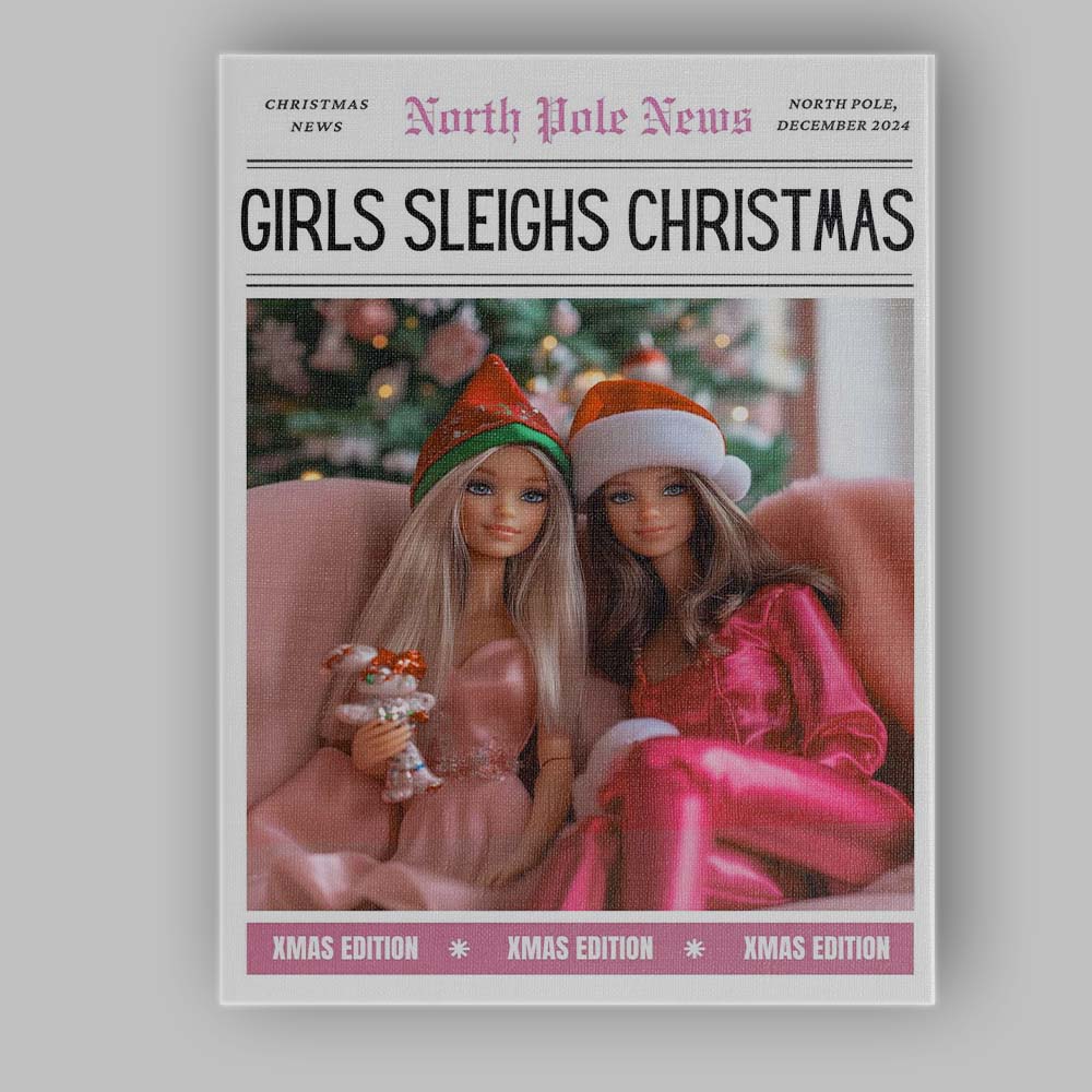 North Pole News Girls Sleighs Christmas Fashion Doll Cover Canvas Wall Art Print Decor Picture Ready to Hang