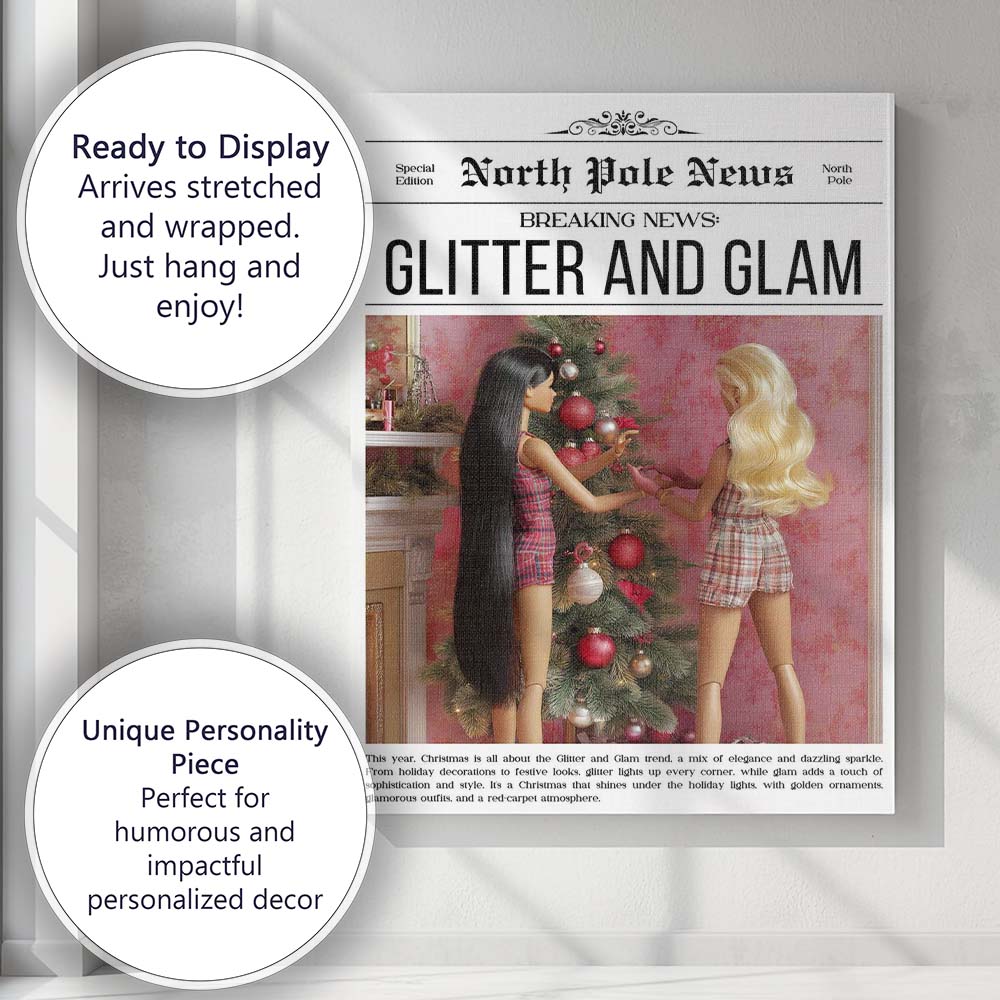 North Pole News Glitter And Glam Christmas Tree Fashion Doll Cover Canvas Wall Art Print Decor Picture Ready to Hang