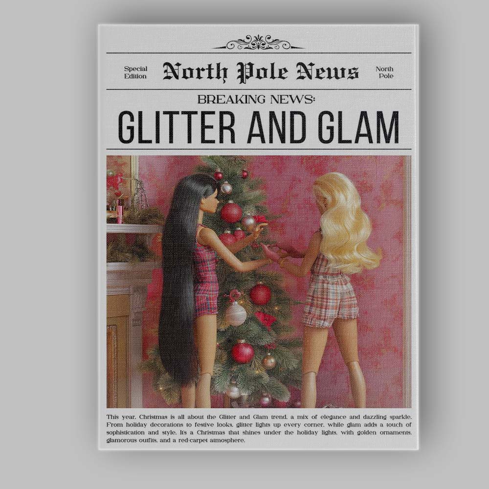 North Pole News Glitter And Glam Christmas Tree Fashion Doll Cover Canvas Wall Art Print Decor Picture Ready to Hang