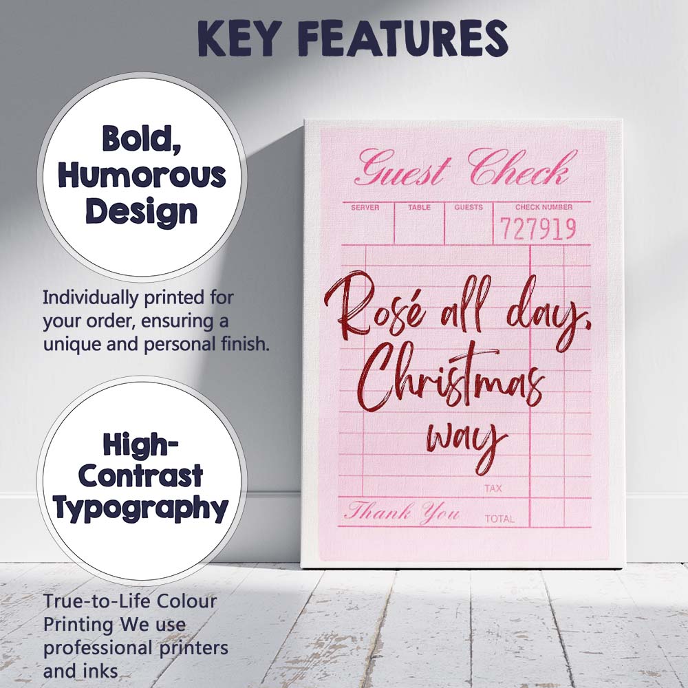 Rose All Day Christmas Way Retro Guest Check Typography Canvas Wall Art Print Decor Picture Ready to Hang