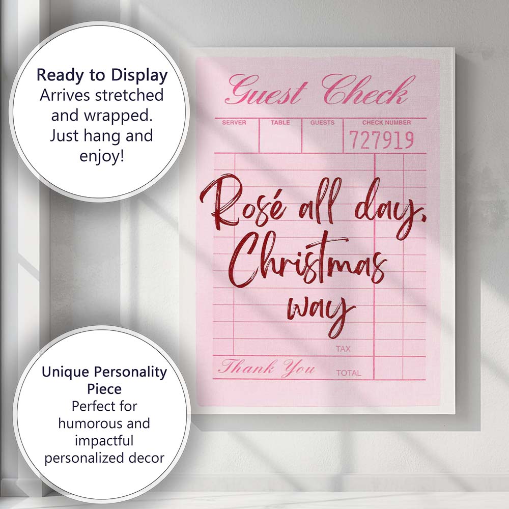 Rose All Day Christmas Way Retro Guest Check Typography Canvas Wall Art Print Decor Picture Ready to Hang