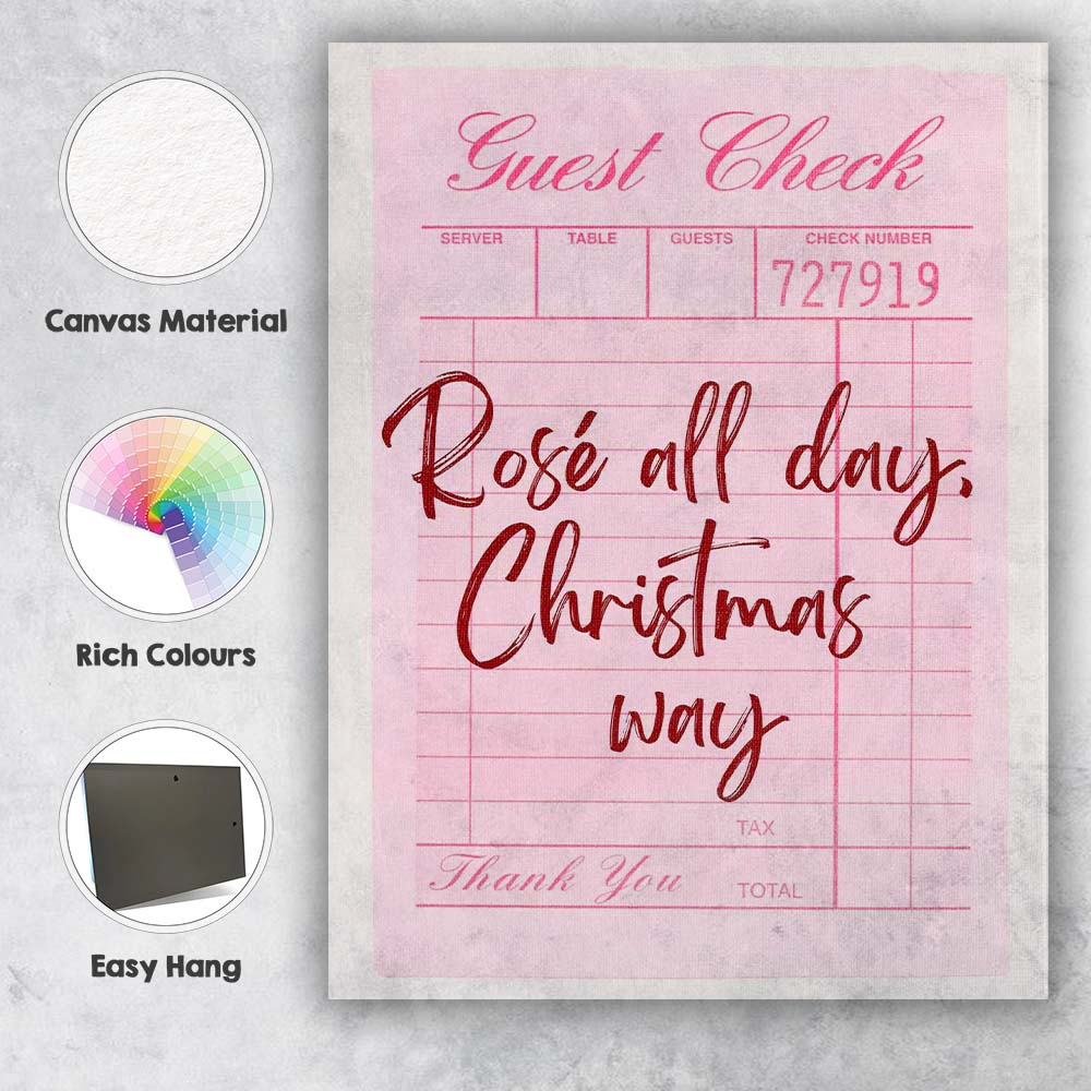 Rose All Day Christmas Way Retro Guest Check Typography Canvas Wall Art Print Decor Picture Ready to Hang