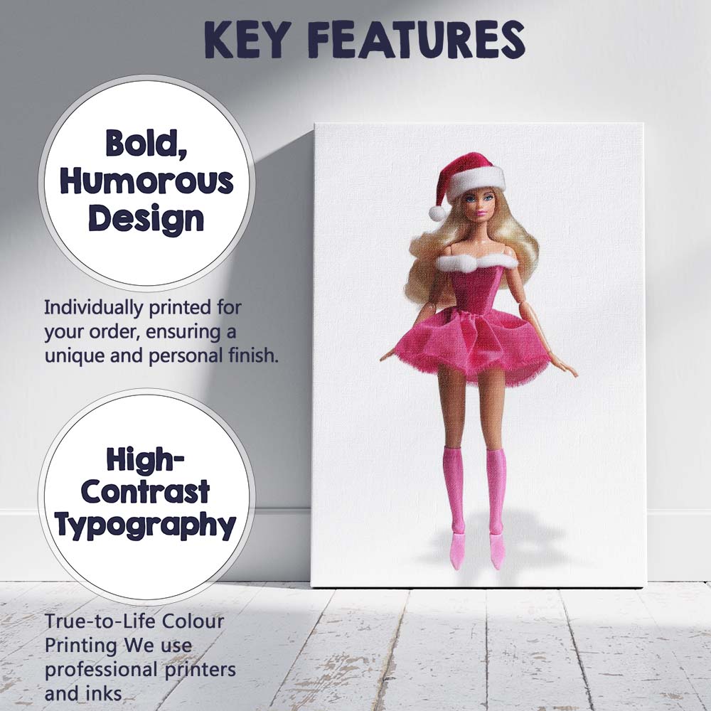 Pink Christmas Fashion Doll Santa Hat Glam Illustration Canvas Wall Art Print Decor Picture Ready to Hang