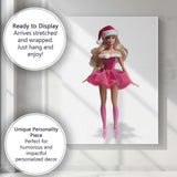 Pink Christmas Fashion Doll Santa Hat Glam Illustration Canvas Wall Art Print Decor Picture Ready to Hang