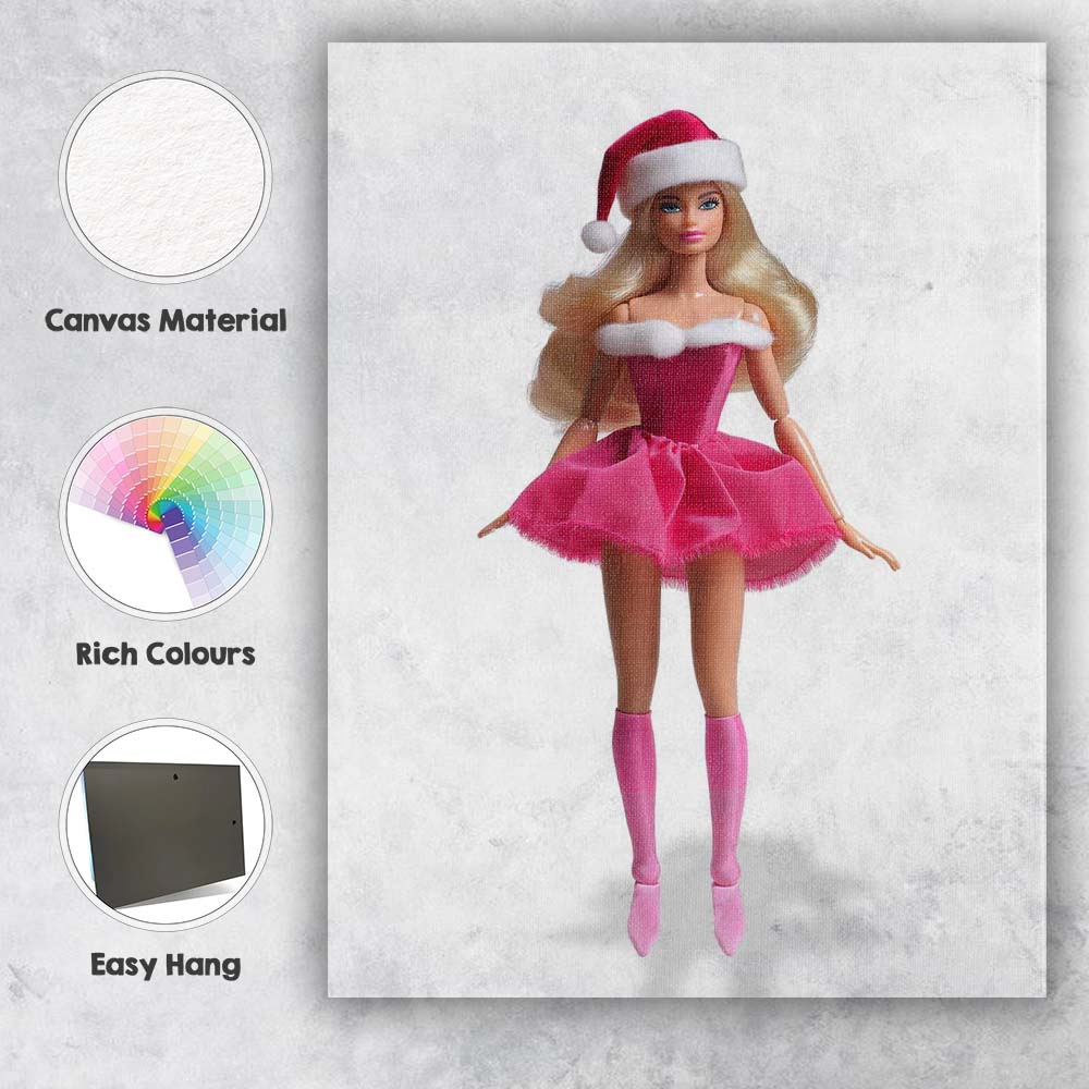 Pink Christmas Fashion Doll Santa Hat Glam Illustration Canvas Wall Art Print Decor Picture Ready to Hang