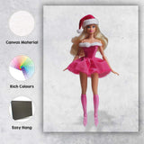 Pink Christmas Fashion Doll Santa Hat Glam Illustration Canvas Wall Art Print Decor Picture Ready to Hang